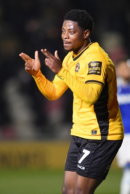 040325 - Newport County v Gillingham - Sky Bet League 2 - Bobby Kamwa of Newport County celebrates scoring his second goal of the match