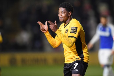 040325 - Newport County v Gillingham - Sky Bet League 2 - Bobby Kamwa of Newport County celebrates scoring his second goal of the match