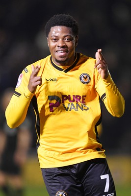 040325 - Newport County v Gillingham - Sky Bet League 2 - Bobby Kamwa of Newport County celebrates scoring his second goal of the match