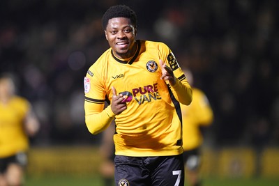 040325 - Newport County v Gillingham - Sky Bet League 2 - Bobby Kamwa of Newport County celebrates scoring his second goal of the match