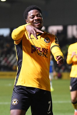 040325 - Newport County v Gillingham - Sky Bet League 2 - Bobby Kamwa of Newport County celebrates scoring his third goal and completes his first half hat-trick 