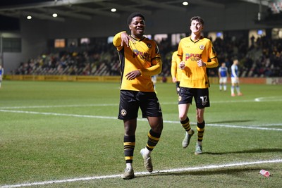 040325 - Newport County v Gillingham - Sky Bet League 2 - Bobby Kamwa of Newport County celebrates scoring his third goal and completes his first half hat-trick 