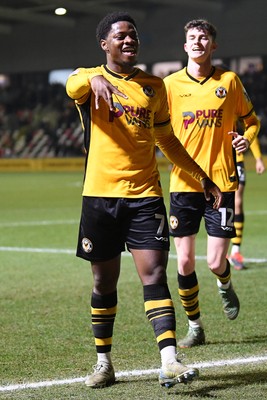 040325 - Newport County v Gillingham - Sky Bet League 2 - Bobby Kamwa of Newport County celebrates scoring his third goal and completes his first half hat-trick 