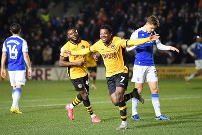 040325 - Newport County v Gillingham - Sky Bet League 2 - Bobby Kamwa of Newport County celebrates scoring his third goal and completes his first half hat-trick 