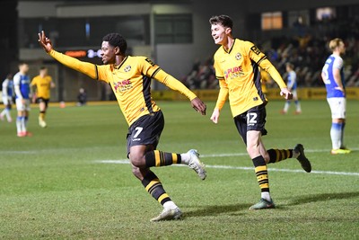 040325 - Newport County v Gillingham - Sky Bet League 2 - Bobby Kamwa of Newport County celebrates scoring his third goal and completes his first half hat-trick 