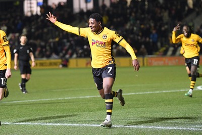 040325 - Newport County v Gillingham - Sky Bet League 2 - Bobby Kamwa of Newport County celebrates scoring his third goal and completes his first half hat-trick 