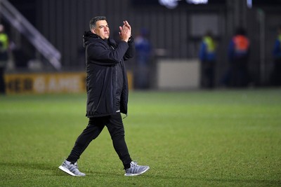 040325 - Newport County v Gillingham - Sky Bet League 2 - Newport Head Coach, Nelson Jardim celebrates the win at full time