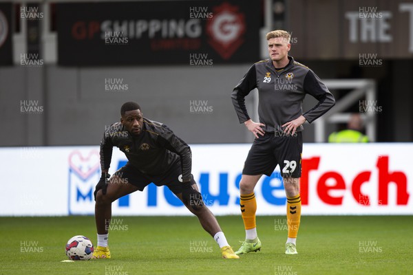 191122 - Newport County v Gillingham - Sky Bet League 2 - Omar Bogle with Will Evans of Newport County during the warm up