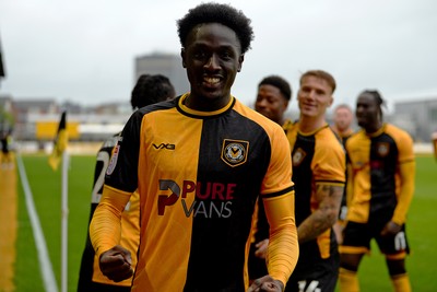 200925 - Newport County v Gillingham - Sky Bet League 2 - Nathan Opoku of Newport County celebrates after he scores the first goal of the game