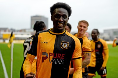 200925 - Newport County v Gillingham - Sky Bet League 2 - Nathan Opoku of Newport County celebrates after he scores the first goal of the game
