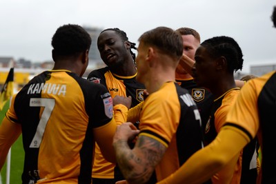 200925 - Newport County v Gillingham - Sky Bet League 2 - Nathan Opoku of Newport County celebrates scoring a goal with team mates