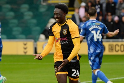 200925 - Newport County v Gillingham - Sky Bet League 2 - Nathan Opoku of Newport County celebrates after he scores the first goal of the game
