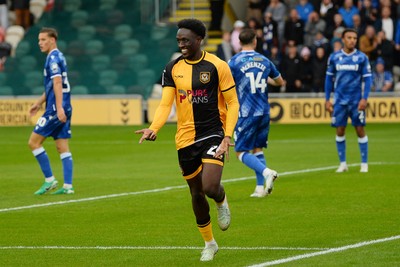 200925 - Newport County v Gillingham - Sky Bet League 2 - Nathan Opoku of Newport County celebrates after he scores the first goal of the game