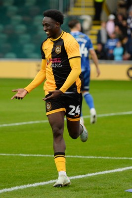 200925 - Newport County v Gillingham - Sky Bet League 2 - Nathan Opoku of Newport County celebrates after he scores the first goal of the game