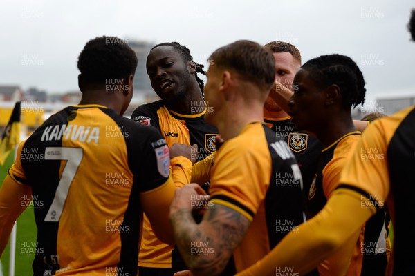 200925 - Newport County v Gillingham - Sky Bet League 2 - Nathan Opoku of Newport County celebrates scoring a goal with team mates