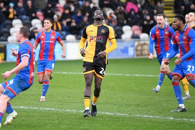070226 - Newport County v Grimsby Town - Sky Bet League 2 - Nathan Opoku of Newport County misses his penalty