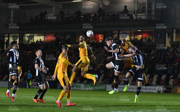 201119 - Newport County v Grimsby Town - FA Cup - Joss Labadie of Newport County heads a shot at goal