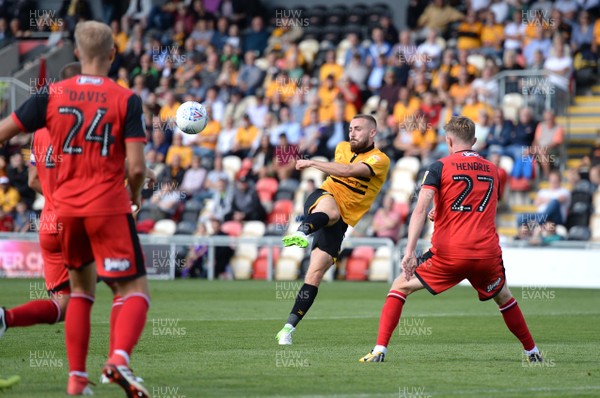 250818 - Newport County v Grimsby Town - SkyBet League 2 - Dan Butler of Newport County tries shot at goal