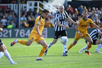 260926 - Newport County v Grimsby Town - Sky Bet League 2 - Harrison Biggins of Newport County has a shot on goal