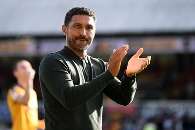 260926 - Newport County v Grimsby Town - Sky Bet League 2 - Newport County Head Coach, Hayden Mullins celebrates at full time