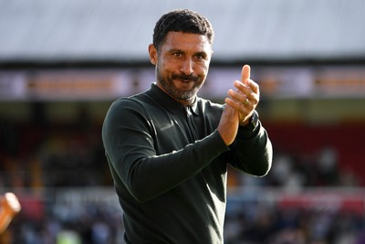 260926 - Newport County v Grimsby Town - Sky Bet League 2 - Newport County Head Coach, Hayden Mullins celebrates at full time