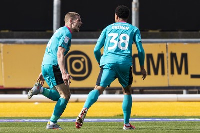 110426 - Newport County v Harrogate Town - Sky Bet League 2 - Jack Evans of Harrogate Town celebrates scoring his sides first goal