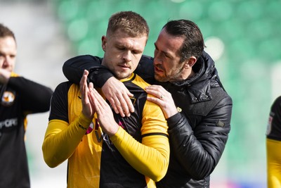 110426 - Newport County v Harrogate Town - Sky Bet League 2 - Cole Jarvis of Newport County applauds the fans with Newport County manager Christian Fuchs at full time