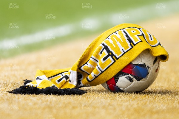 110426 - Newport County v Harrogate Town - Sky Bet League 2 - Newport County scarf on a match ball ahead of kick off