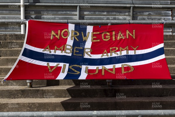 110426 - Newport County v Harrogate Town - Sky Bet League 2 - Norwegian flag with Norwegian Amber Army Visund text on display at Rodney Parade