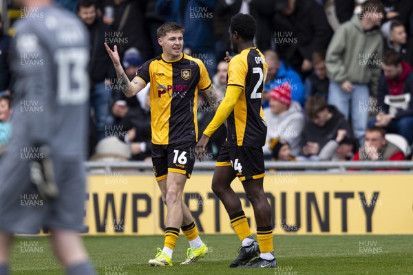 110426 - Newport County v Harrogate Town - Sky Bet League 2 - Nathan Opoku of Newport County celebrates scoring his sides first goal with James Crole