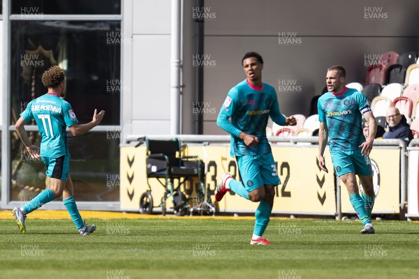 110426 - Newport County v Harrogate Town - Sky Bet League 2 - Jack Evans of Harrogate Town celebrates scoring his sides first goal