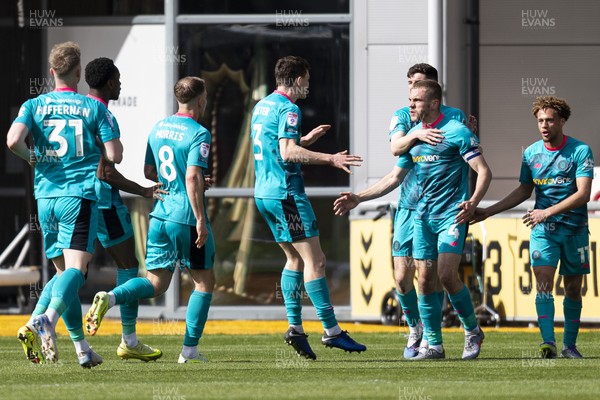 110426 - Newport County v Harrogate Town - Sky Bet League 2 - Jack Evans of Harrogate Town celebrates scoring his sides first goal