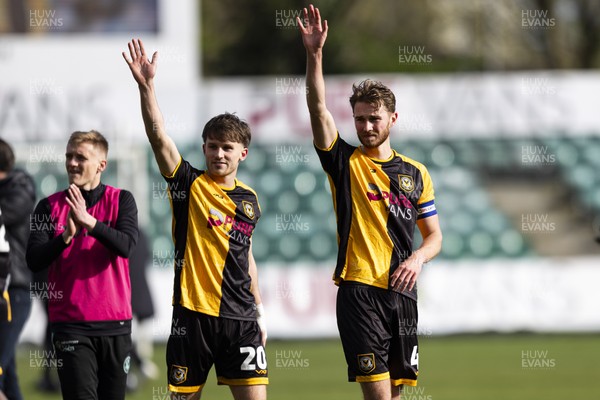 110426 - Newport County v Harrogate Town - Sky Bet League 2 - Ben Lloyd & Matthew Baker of Newport County applaud the fans at full time