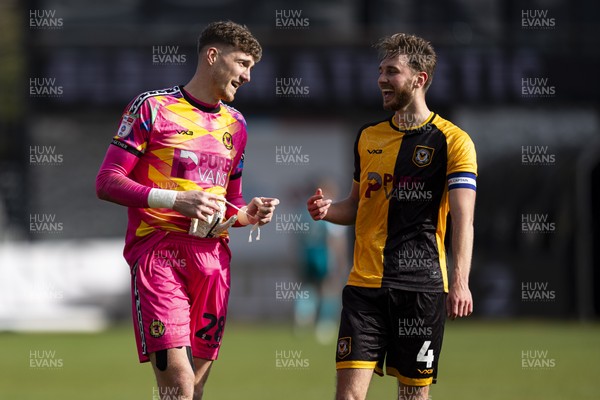 110426 - Newport County v Harrogate Town - Sky Bet League 2 - Newport County goalkeeper Jordan Wright & Matthew Baker of Newport County at full time
