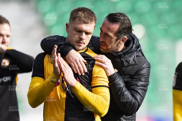 110426 - Newport County v Harrogate Town - Sky Bet League 2 - Cole Jarvis of Newport County applauds the fans with Newport County manager Christian Fuchs at full time