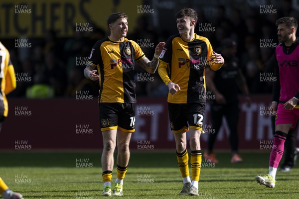 110426 - Newport County v Harrogate Town - Sky Bet League 2 - James Crole of Newport County with Joe Thomas of Newport County at full time