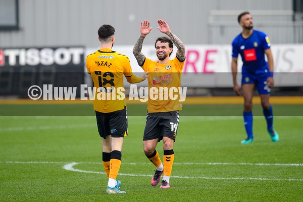 150122 - Newport County v Harrogate Town - Sky Bet League 2 - Dom Telford of Newport County celebrates his second goal with Finn Azaz of Newport County