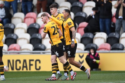 150325 - Newport County v Harrogate Town - Sky Bet League 2 - Cameron Evans of Newport County celebrates scoring the first goal of the game with team mates