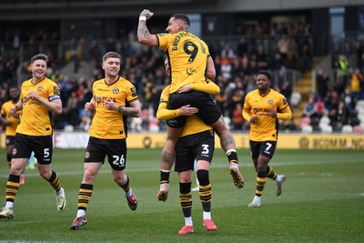 150325 - Newport County v Harrogate Town - Sky Bet League 2 - Courtney Baker-Richardson of Newport County celebrates scoring the second goal of the match with team mates