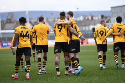 150325 - Newport County v Harrogate Town - Sky Bet League 2 - Courtney Baker-Richardson of Newport County celebrates scoring the second goal of the match with team mates