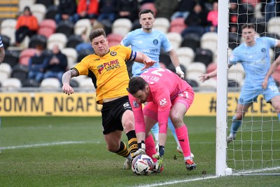 150325 - Newport County v Harrogate Town - Sky Bet League 2 - James Clarke of Newport County goes close