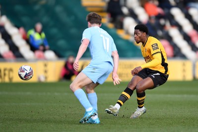 150325 - Newport County v Harrogate Town - Sky Bet League 2 - Bobby Kamwa of Newport County has a shot at goal