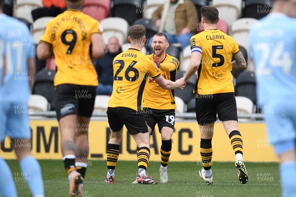 150325 - Newport County v Harrogate Town - Sky Bet League 2 - Cameron Evans of Newport County celebrates scoring the first goal of the game with team mates