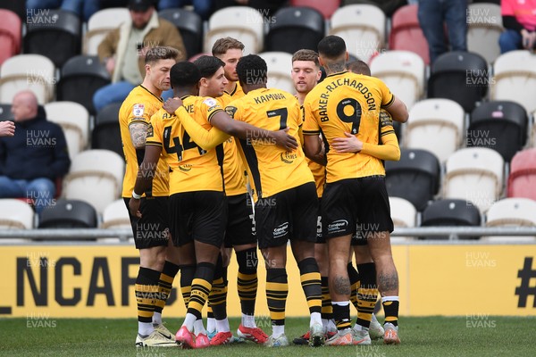 150325 - Newport County v Harrogate Town - Sky Bet League 2 - Cameron Evans of Newport County celebrates scoring the first goal of the game with team mates