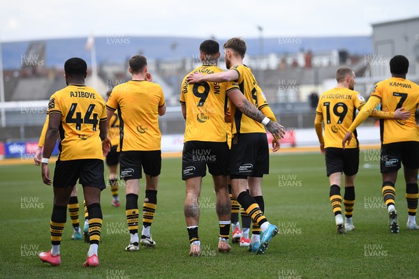 150325 - Newport County v Harrogate Town - Sky Bet League 2 - Courtney Baker-Richardson of Newport County celebrates scoring the second goal of the match with team mates