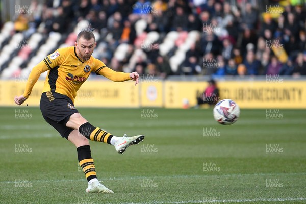 150325 - Newport County v Harrogate Town - Sky Bet League 2 - Shane McLoughlin of Newport County has a shot from distance