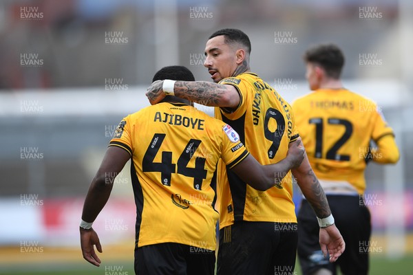 150325 - Newport County v Harrogate Town - Sky Bet League 2 - Courtney Baker-Richardson of Newport County celebrates scoring a goal with David Ajiboye