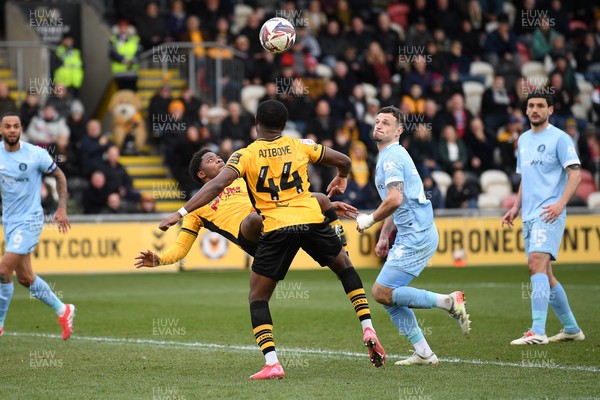 150325 - Newport County v Harrogate Town - Sky Bet League 2 - Bobby Kamwa of Newport County attempts an overhead kick