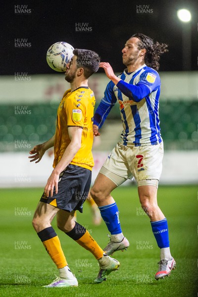 180322 - Newport County v Hartlepool United - Sky Bet League 2 - Finn Azaz of Newport County holds off the challenge of Jamie Sterry of Hartlepool United