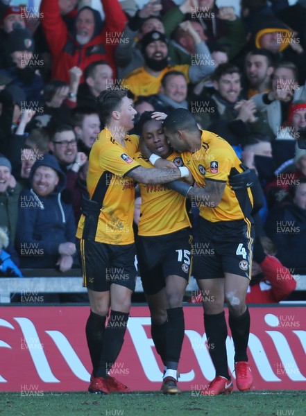 070118 - Newport County v Leeds United, Emirates FA Cup Round 3 - Shawn McCoulsky of Newport County celebrates with team mates after scoring the winning goal